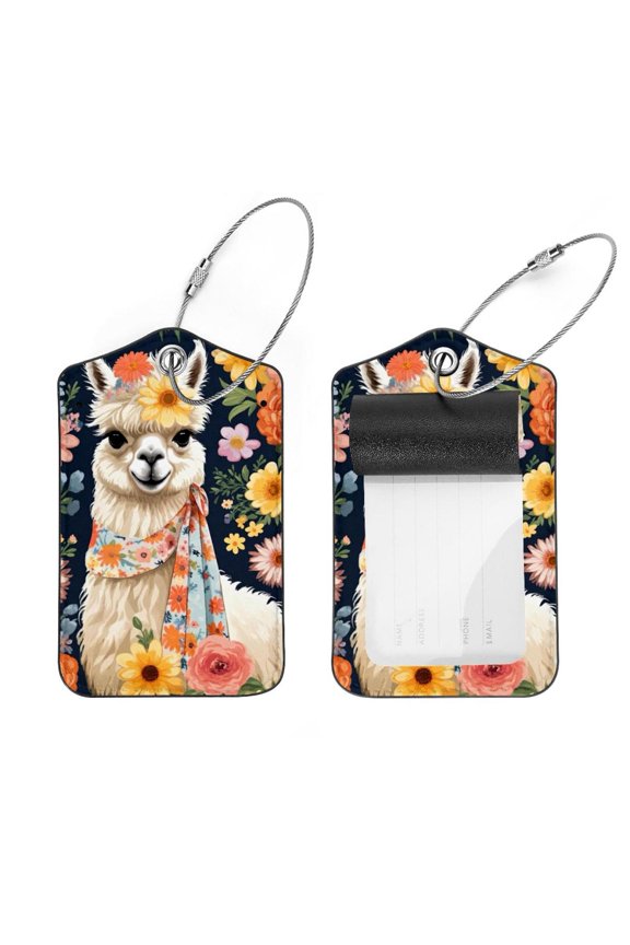 2 Pack Leather Luggage Tag with Stainless Steel Loop, Alpaca Daisy Pattern Baggage Handbag Travel Suitcase Tags with Name ID Card Perfect to Quickly Spot Luggage Suitcase
