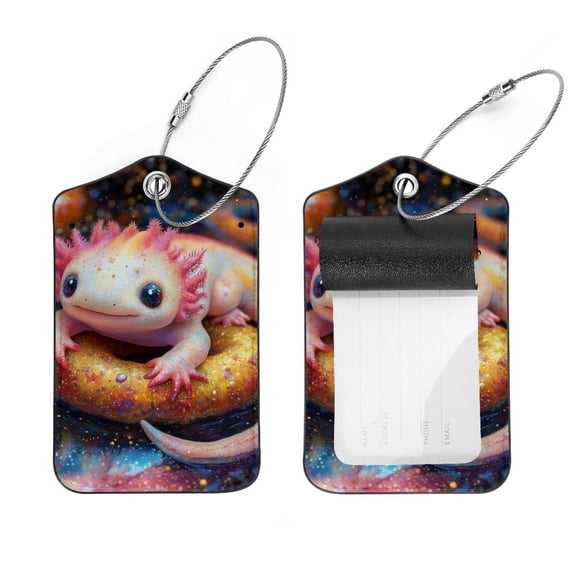PhooArto 2 Pack Leather Luggage Tag with Stainless Steel Loop, Axolotl and Donuts Baggage Handbag Travel Suitcase Tags with Name ID Card Perfect to Quickly Spot Luggage Suitcase