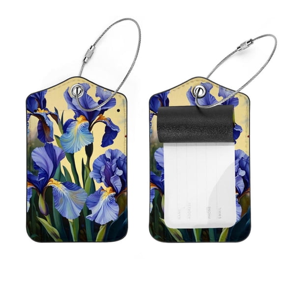 PhooArto 2 Pack Leather Luggage Tag with Stainless Steel Loop, Beautiful Iris Painting Baggage Handbag Travel Suitcase Tags with Name ID Card Perfect to Quickly Spot Luggage Suitcase