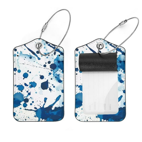 PhooArto 2 Pack Leather Luggage Tag with Stainless Steel Loop, Blue Ink Splatter Dots Pattern Baggage Handbag Travel Suitcase Tags with Name ID Card Perfect to Quickly Spot Luggage Suitcase
