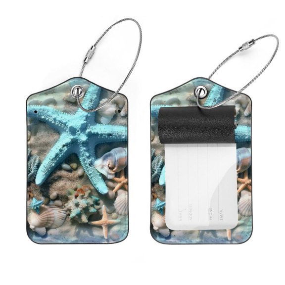 PhooArto 2 Pack Leather Luggage Tag with Stainless Steel Loop, Blue Seashell Starfish Coral Baggage Handbag Travel Suitcase Tags with Name ID Card Perfect to Quickly Spot Luggage Suitcase