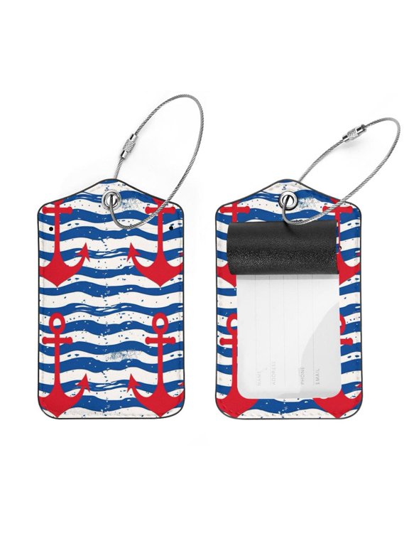 2 Pack Leather Luggage Tag with Stainless Steel Loop, Blue Wave Stripes Red Anchor Pattern Baggage Handbag Travel Suitcase Tags with Name ID Card Perfect to Quickly Spot Luggage Suitcase