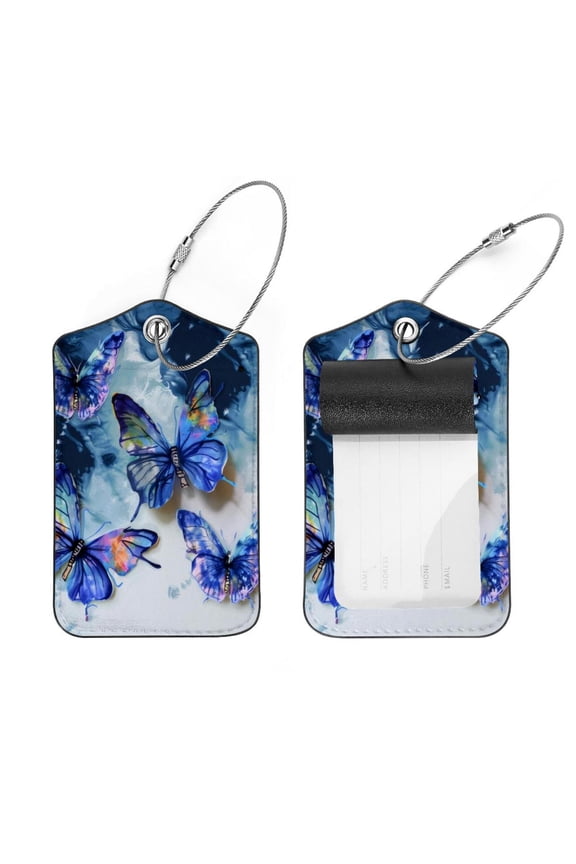 2 Pack Leather Luggage Tag with Stainless Steel Loop, Butterflies Tie Dye Paintaing Baggage Handbag Travel Suitcase Tags with Name ID Card Perfect to Quickly Spot Luggage Suitcase