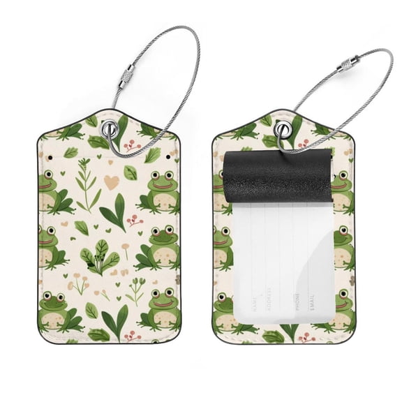 PhooArto 2 Pack Leather Luggage Tag with Stainless Steel Loop, Cartoon Green Frogs Pattern Baggage Handbag Travel Suitcase Tags with Name ID Card Perfect to Quickly Spot Luggage Suitcase