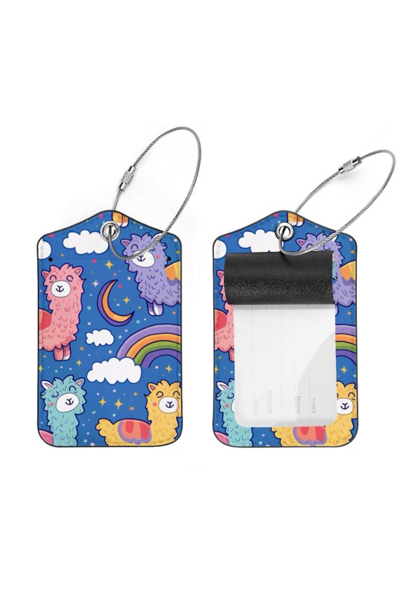 2 Pack Leather Luggage Tag with Stainless Steel Loop, Colorful Alpaca Rainbow Pattern Baggage Handbag Travel Suitcase Tags with Name ID Card Perfect to Quickly Spot Luggage Suitcase