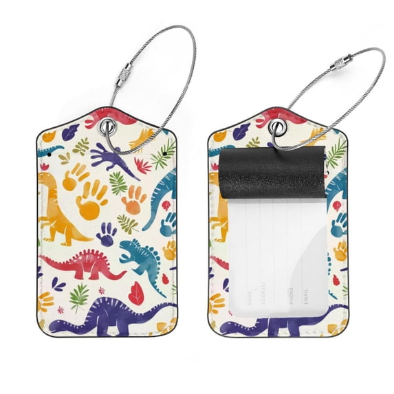 PhooArto 2 Pack Leather Luggage Tag with Stainless Steel Loop, Colorful Dinosaur and Footprint Pattern Baggage Handbag Travel Suitcase Tags with Name ID Card Perfect to Quickly Spot Luggage Suitcase