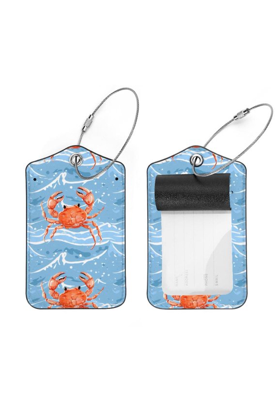 2 Pack Leather Luggage Tag with Stainless Steel Loop, Cute Carb Blue Wave Pattern Baggage Handbag Travel Suitcase Tags with Name ID Card Perfect to Quickly Spot Luggage Suitcase