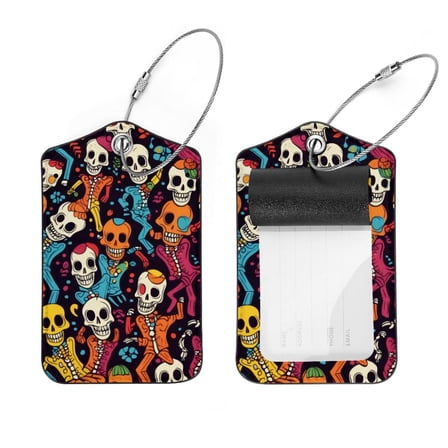 PhooArto 2 Pack Leather Luggage Tag with Stainless Steel Loop, Dancing Skull Colorful Pattern Baggage Handbag Travel Suitcase Tags with Name ID Card Perfect to Quickly Spot Luggage Suitcase