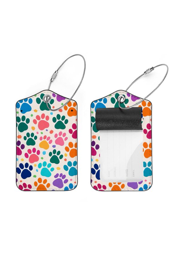 2 Pack Leather Luggage Tag with Stainless Steel Loop, Dog Paw Footprint Color Pattern Baggage Handbag Travel Suitcase Tags with Name ID Card Perfect to Quickly Spot Luggage Suitcase