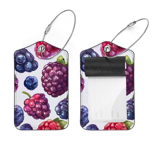 PhooArto 2 Pack Leather Luggage Tag with Stainless Steel Loop, Fruits Blueberry Raspberry Baggage Handbag Travel Suitcase Tags with Name ID Card Perfect to Quickly Spot Luggage Suitcase