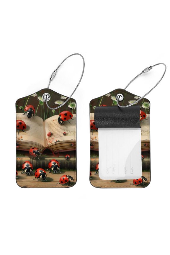2 Pack Leather Luggage Tag with Stainless Steel Loop, Little Daisy Book Ladybugs Baggage Handbag Travel Suitcase Tags with Name ID Card Perfect to Quickly Spot Luggage Suitcase