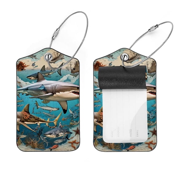 PhooArto 2 Pack Leather Luggage Tag with Stainless Steel Loop, Marine Shark Vintage Map Baggage Handbag Travel Suitcase Tags with Name ID Card Perfect to Quickly Spot Luggage Suitcase