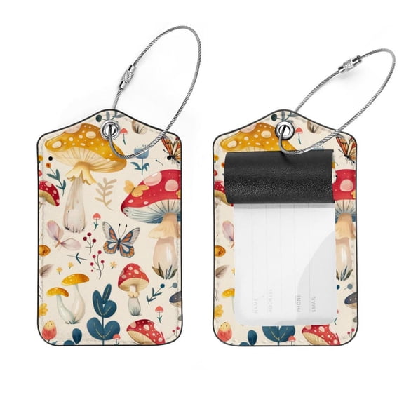 PhooArto 2 Pack Leather Luggage Tag with Stainless Steel Loop, Mushrooms Butterfly Pattern Baggage Handbag Travel Suitcase Tags with Name ID Card Perfect to Quickly Spot Luggage Suitcase