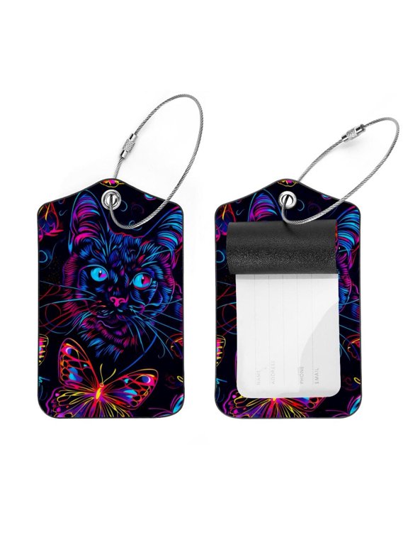 2 Pack Leather Luggage Tag with Stainless Steel Loop, Neon Cat Butterflies Pattern Baggage Handbag Travel Suitcase Tags with Name ID Card Perfect to Quickly Spot Luggage Suitcase