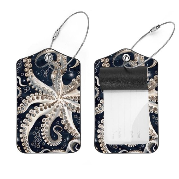 PhooArto 2 Pack Leather Luggage Tag with Stainless Steel Loop, Octopus Feet Pattern Baggage Handbag Travel Suitcase Tags with Name ID Card Perfect to Quickly Spot Luggage Suitcase