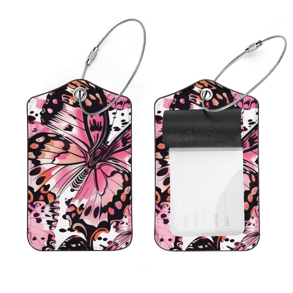 PhooArto 2 Pack Leather Luggage Tag with Stainless Steel Loop, Pink Butterfly Pattern Baggage Handbag Travel Suitcase Tags with Name ID Card Perfect to Quickly Spot Luggage Suitcase