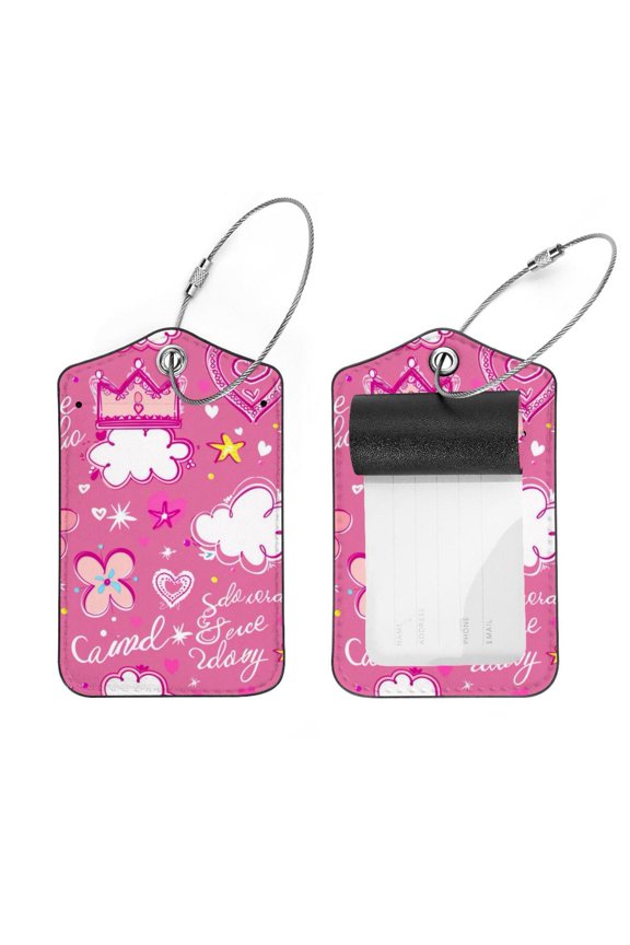 2 Pack Leather Luggage Tag with Stainless Steel Loop, Pink Princess Flowers Cloud Pattern Baggage Handbag Travel Suitcase Tags with Name ID Card Perfect to Quickly Spot Luggage Suitcase