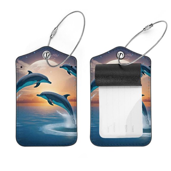 PhooArto 2 Pack Leather Luggage Tag with Stainless Steel Loop, Sea Dolphins Jumping Baggage Handbag Travel Suitcase Tags with Name ID Card Perfect to Quickly Spot Luggage Suitcase