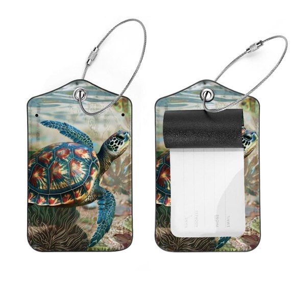 PhooArto 2 Pack Leather Luggage Tag with Stainless Steel Loop, Sea Turtle Underwater Baggage Handbag Travel Suitcase Tags with Name ID Card Perfect to Quickly Spot Luggage Suitcase