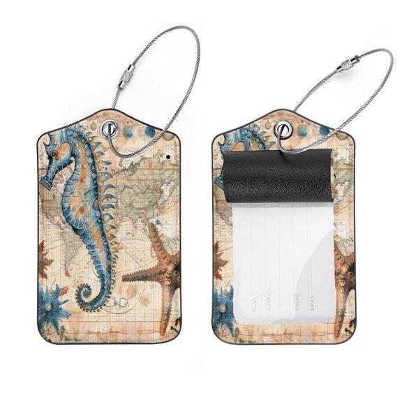 PhooArto 2 Pack Leather Luggage Tag with Stainless Steel Loop, Seahorse Starfish and Map Baggage Handbag Travel Suitcase Tags with Name ID Card Perfect to Quickly Spot Luggage Suitcase