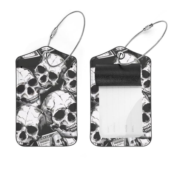 PhooArto 2 Pack Leather Luggage Tag with Stainless Steel Loop, Skulls Dollar Patttern Baggage Handbag Travel Suitcase Tags with Name ID Card Perfect to Quickly Spot Luggage Suitcase