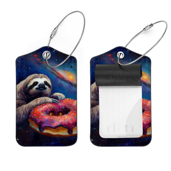 PhooArto 2 Pack Leather Luggage Tag with Stainless Steel Loop, Sloth Donut Galaxy Baggage Handbag Travel Suitcase Tags with Name ID Card Perfect to Quickly Spot Luggage Suitcase