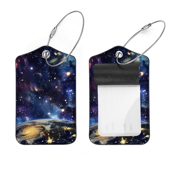 PhooArto 2 Pack Leather Luggage Tag with Stainless Steel Loop, Space Galaxy Earth Universe Baggage Handbag Travel Suitcase Tags with Name ID Card Perfect to Quickly Spot Luggage Suitcase