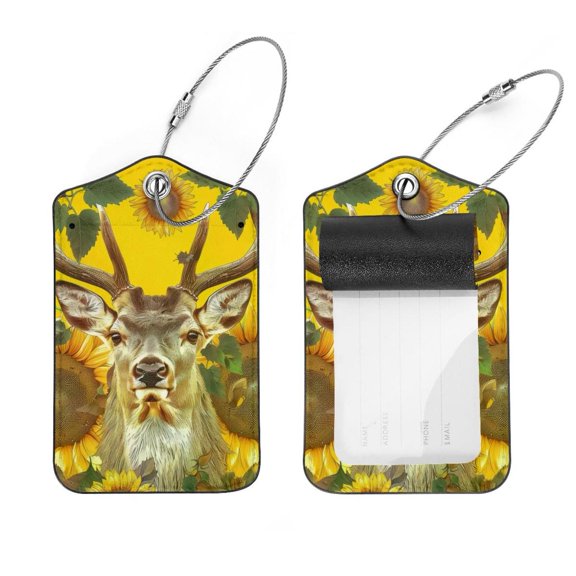 PhooArto 2 Pack Leather Luggage Tag with Stainless Steel Loop, Sunflowers Deer Butterflies Baggage Handbag Travel Suitcase Tags with Name ID Card Perfect to Quickly Spot Luggage Suitcase