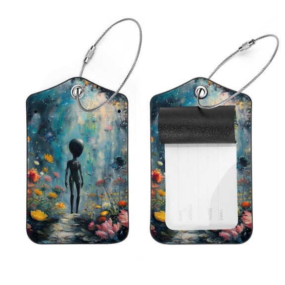 PhooArto 2 Pack Leather Luggage Tag with Stainless Steel Loop, Vintage Alien Floral Galaxy Baggage Handbag Travel Suitcase Tags with Name ID Card Perfect to Quickly Spot Luggage Suitcase
