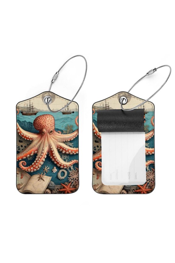 2 Pack Leather Luggage Tag with Stainless Steel Loop, Vintage Map Book Octopus Baggage Handbag Travel Suitcase Tags with Name ID Card Perfect to Quickly Spot Luggage Suitcase