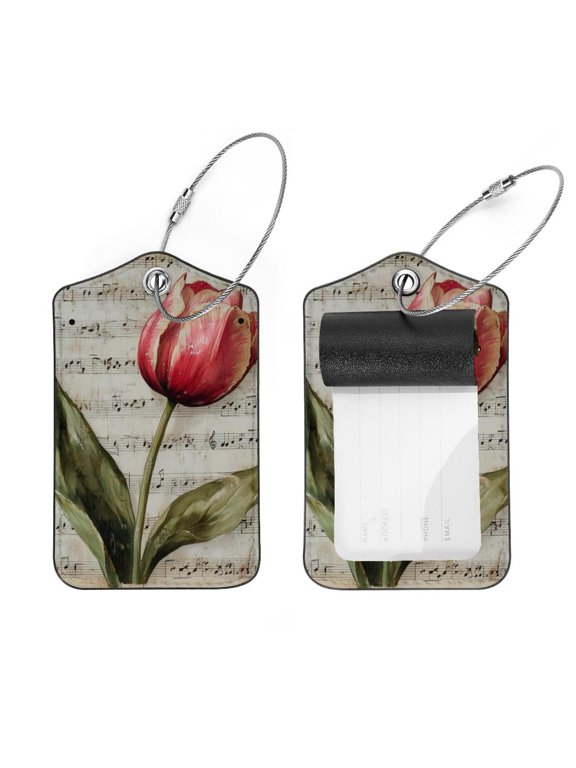 2 Pack Leather Luggage Tag with Stainless Steel Loop, Vintage Tulip Music Notes Baggage Handbag Travel Suitcase Tags with Name ID Card Perfect to Quickly Spot Luggage Suitcase