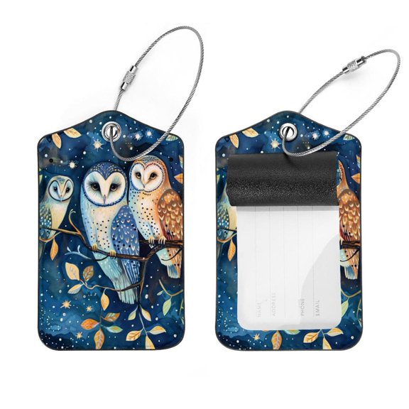 PhooArto 2 Pcs Animal Owls Leaves Luggage Tag for Suitcases, Leather Baggage Tags Identifiers for Travel, Stainless Steel Loop Name ID Label for Women Bag Backpack