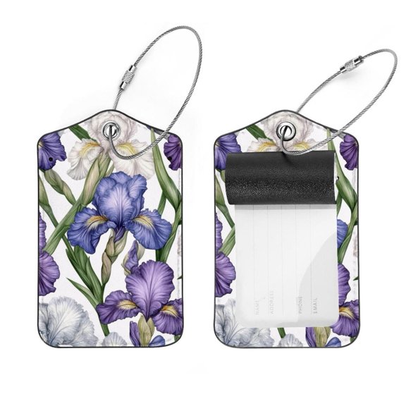 PhooArto 2 Pcs Beautiful Iris Flowers Patterns Luggage Tag for Suitcases, Leather Baggage Tags Identifiers for Travel, Stainless Steel Loop Name ID Label for Women Bag Backpack