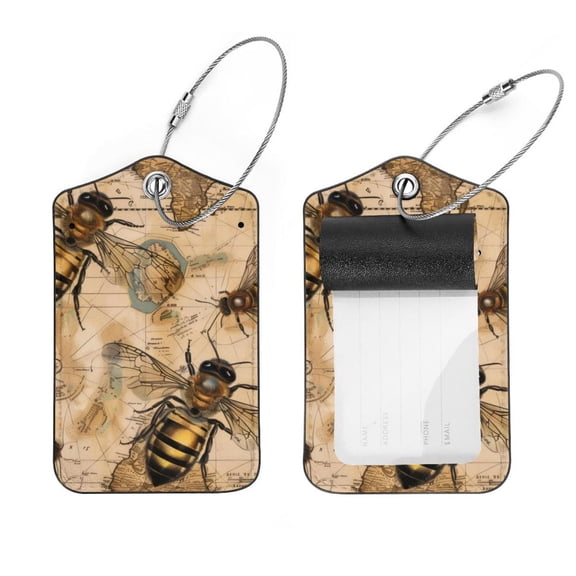 PhooArto 2 Pcs Bee and Vintage Map Pattern Luggage Tag for Suitcases, Leather Baggage Tags Identifiers for Travel, Stainless Steel Loop Name ID Label for Women Bag Backpack