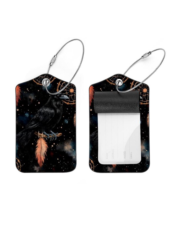 2 Pcs Black Raven and Dream Catcher Pattern Luggage Tag for Suitcases, Leather Baggage Tags Identifiers for Travel, Stainless Steel Loop Name ID Label for Women Bag Backpack