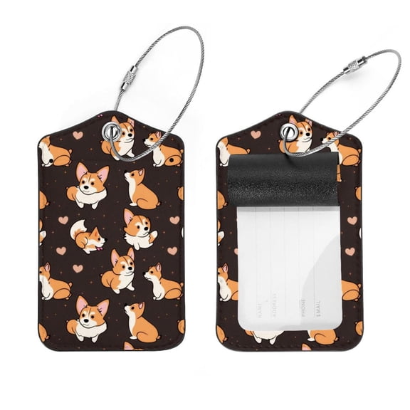 PhooArto 2 Pcs Cartoon Dog Corgis Cute Pattern Luggage Tag for Suitcases, Leather Baggage Tags Identifiers for Travel, Stainless Steel Loop Name ID Label for Women Bag Backpack