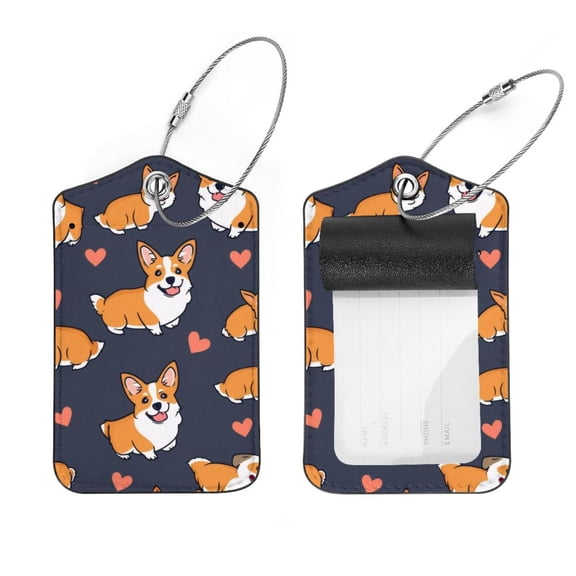 PhooArto 2 Pcs Cartoon Dog Corgis Love Heart Pattern Luggage Tag for Suitcases, Leather Baggage Tags Identifiers for Travel, Stainless Steel Loop Name ID Label for Women Bag Backpack