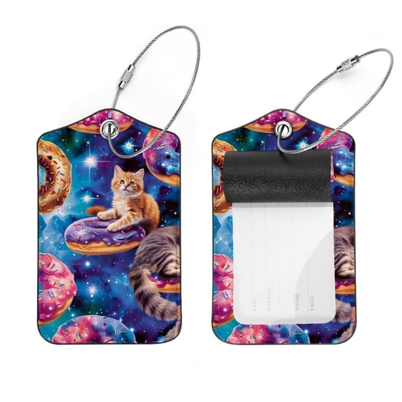 PhooArto 2 Pcs Cats Donuts Blue Galaxy Luggage Tag for Suitcases, Leather Baggage Tags Identifiers for Travel, Stainless Steel Loop Name ID Label for Women Bag Backpack
