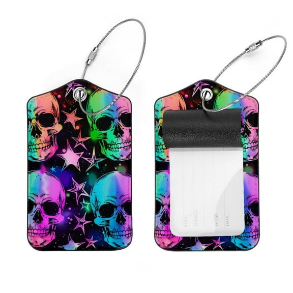 PhooArto 2 Pcs Color Neon Skull Star Luggage Tag for Suitcases, Leather Baggage Tags Identifiers for Travel, Stainless Steel Loop Name ID Label for Women Bag Backpack