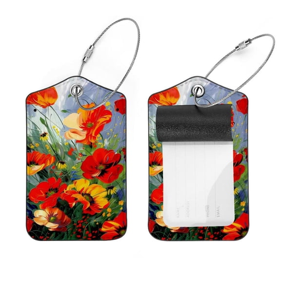 PhooArto 2 Pcs Colorful Dancing Flowers Luggage Tag for Suitcases, Leather Baggage Tags Identifiers for Travel, Stainless Steel Loop Name ID Label for Women Bag Backpack