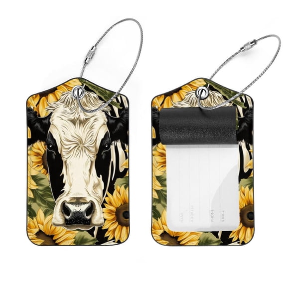 PhooArto 2 Pcs Cow Print Sunflowers Patterns Luggage Tag for Suitcases, Leather Baggage Tags Identifiers for Travel, Stainless Steel Loop Name ID Label for Women Bag Backpack