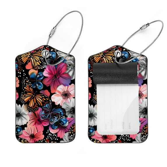 PhooArto 2 Pcs Leopard Spots Butterflies Flowers Luggage Tag for Suitcases, Leather Baggage Tags Identifiers for Travel, Stainless Steel Loop Name ID Label for Women Bag Backpack