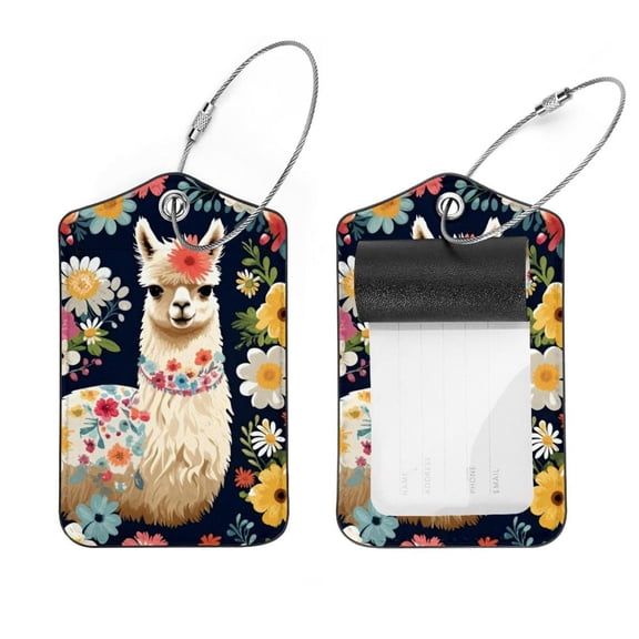 PhooArto 2 Pcs Luggage Tags, Alpaca and Daisy Floral Pattern Privacy Cover ID Label with Stainless Steel Loop and Address Card for Travel Bag Suitcase