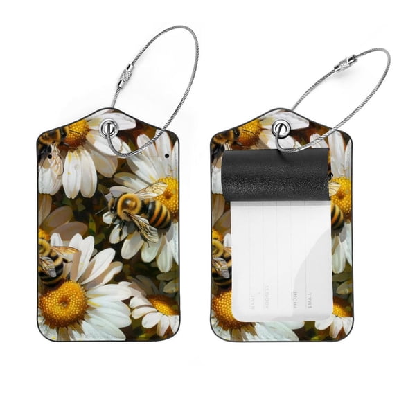 PhooArto 2 Pcs Luggage Tags, Bees and Daisy Flowers Privacy Cover ID Label with Stainless Steel Loop and Address Card for Travel Bag Suitcase