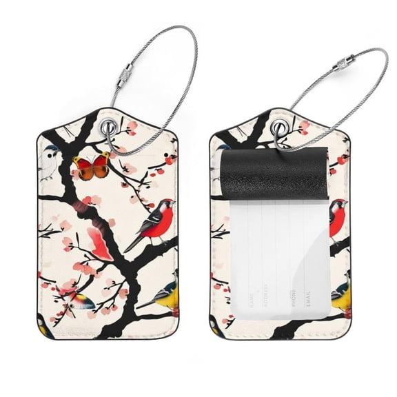 PhooArto 2 Pcs Luggage Tags, Birds Butterfly Tree Pattern Privacy Cover ID Label with Stainless Steel Loop and Address Card for Travel Bag Suitcase