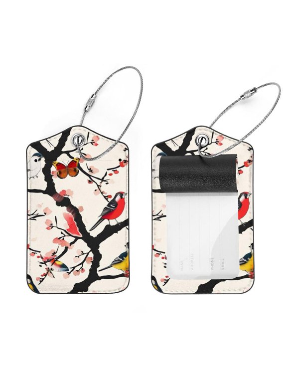 2 Pcs Luggage Tags, Birds Butterfly Tree Pattern Privacy Cover ID Label with Stainless Steel Loop and Address Card for Travel Bag Suitcase