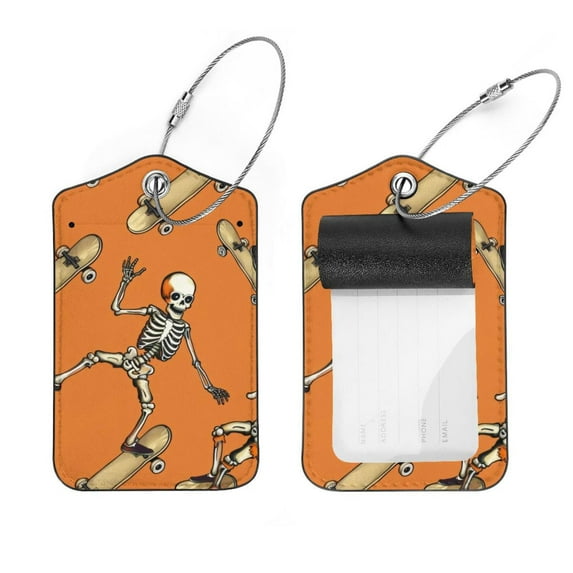 PhooArto 2 Pcs Luggage Tags, Cartoon Skeleton Skateboard Pattern Privacy Cover ID Label with Stainless Steel Loop and Address Card for Travel Bag Suitcase