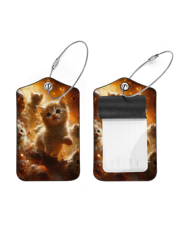 2 Pcs Luggage Tags, Cats in the Galaxy Privacy Cover ID Label with Stainless Steel Loop and Address Card for Travel Bag Suitcase