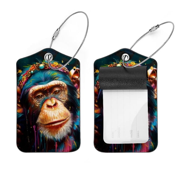 PhooArto 2 Pcs Luggage Tags, Colorful Tribal Monkey Privacy Cover ID Label with Stainless Steel Loop and Address Card for Travel Bag Suitcase