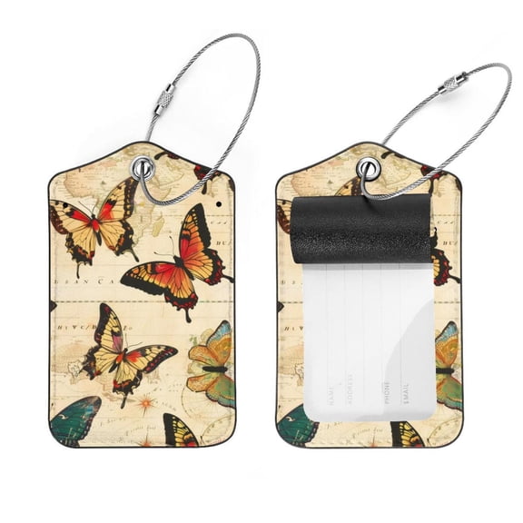 PhooArto 2 Pcs Luggage Tags, Colors Butterfly Vintage Map Privacy Cover ID Label with Stainless Steel Loop and Address Card for Travel Bag Suitcase